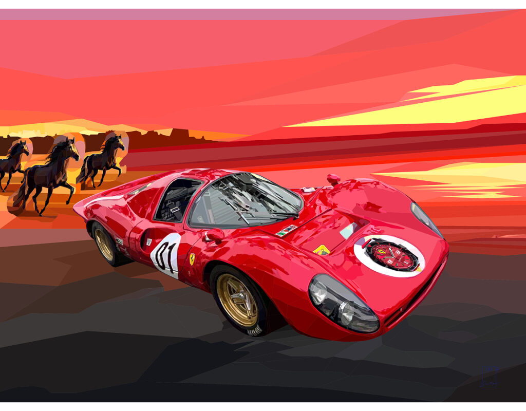 Chasing the Sunset by Irina Schulz, red Ferrari and three horses at sunset