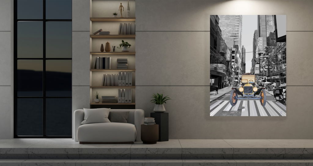 New York, New York by Irina Schulz, vintage Model T and New York skyline artwork displayed in a mockup
