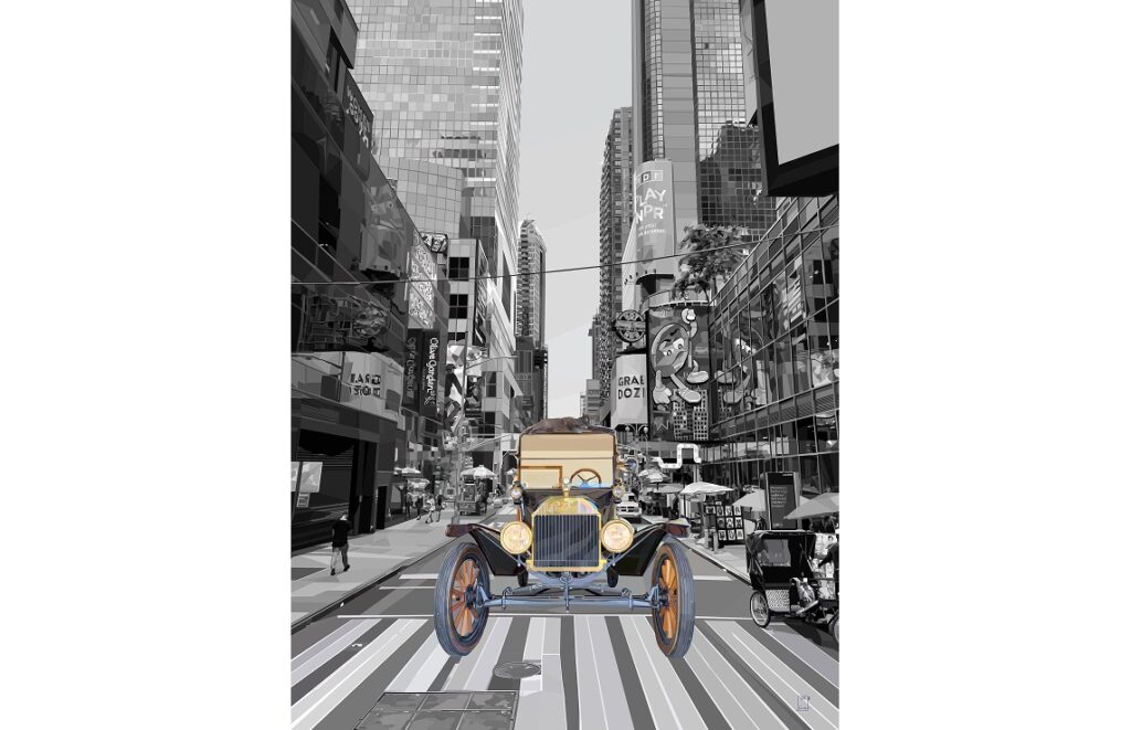 New York, New York by Irina Schulz, vintage Model T and New York skyline